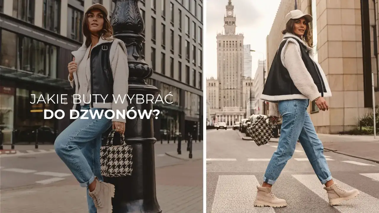 Kobieta w dzwonach i beżowych traperach, z torbą w pepitkę. Jakie buty do dzwonów? Stylizacja miejska.