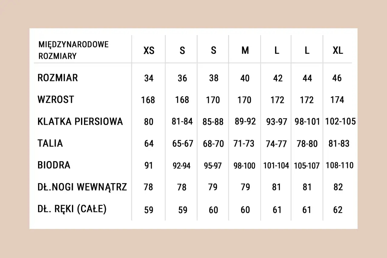 Tabela rozmiarów odzieży. Rozmiar S odpowiada polskiemu 36, wzrostowi 168 cm, obwodowi klatki 81-84 cm, talii 65-67 cm, bioder 92-94 cm.