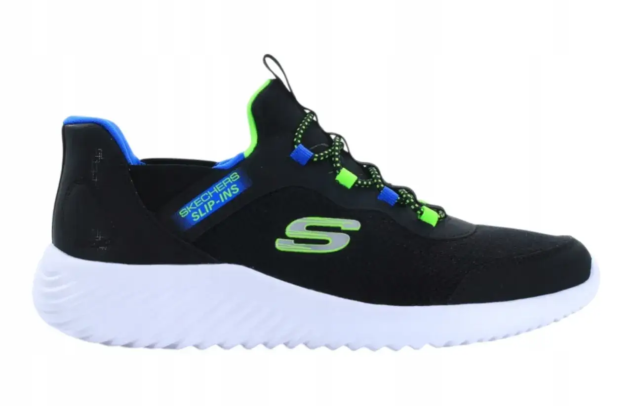 Czarny but Skechers Slip-Ins z zielonymi i niebieskimi akcentami. To popularna firma obuwnicza.