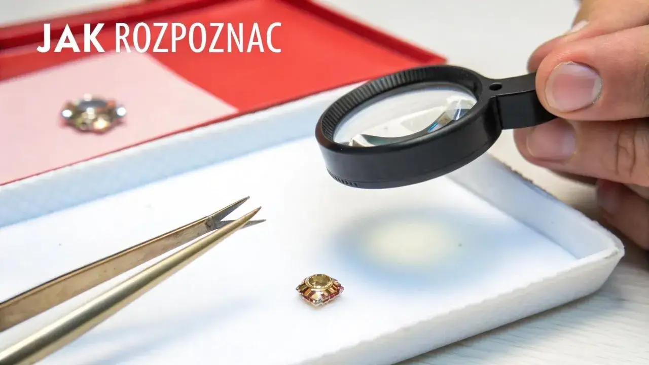 Dłoń z lupą bada mały, kwadratowy kamień, prawdopodobnie cyrkon, obok pęsety.