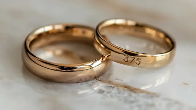 Dwa złote pierścionki, jeden z wybitą próbą 375, co oznacza 9 karatowe złoto.