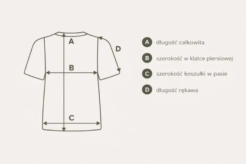 Tabela rozmiarów koszulki: A - długość całkowita, B - szerokość w klatce, C - szerokość w pasie, D - długość rękawa. Rozmiar L na jaki wzrost?
